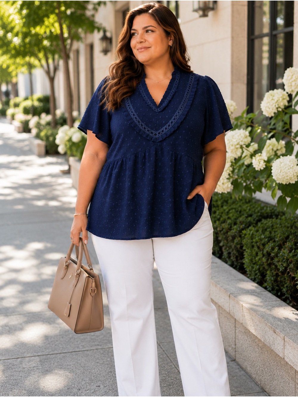 BloomChic Navy Eyelet V-Neck Flutter Sleeve Top Boho Chic Cottage Business Chic